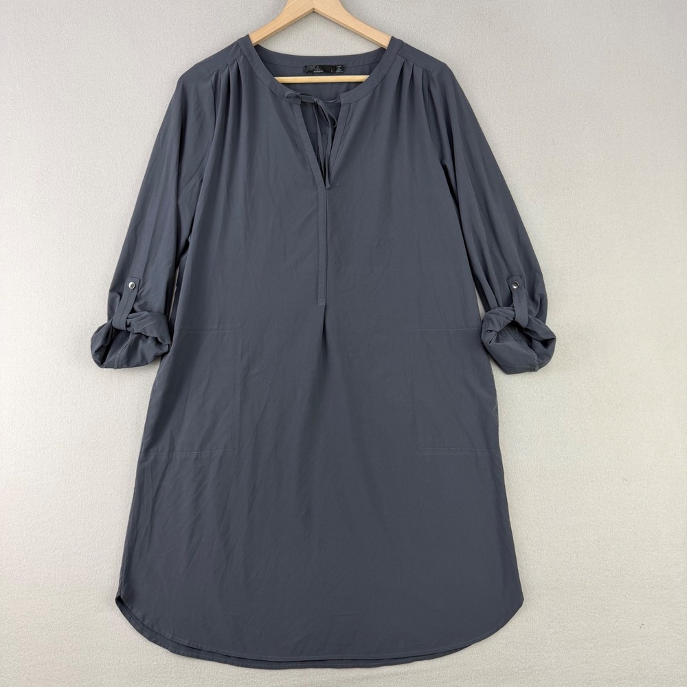 Prana Quinn Dress Women L Gray Shift Roll Tab Sleeve V-Neck Pockets Casual